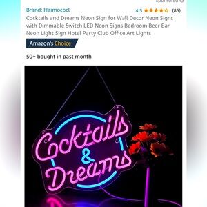 Cocktails and Dreams Neon Sign for Wall Decor